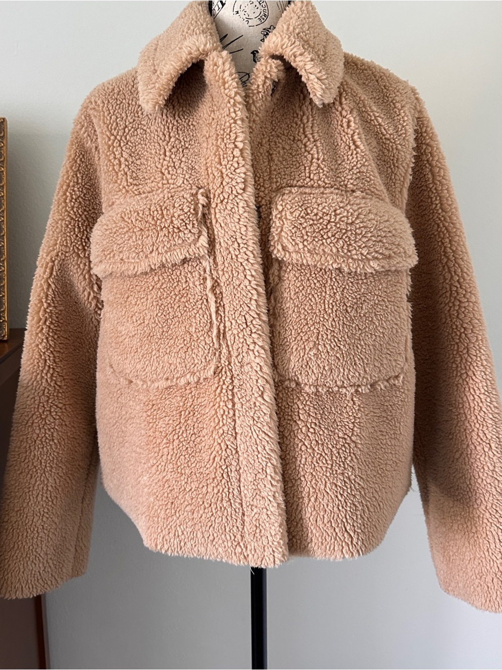 Avec Les Filles Teddy Jacket Sherpa Faux Fur Coat Beige Cropped Size S